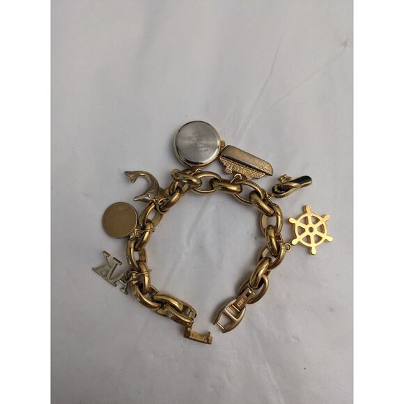 Anne Klein Charm Watch Gold Tone Chain Bracelet 7in Working - Picture 7 of 8
